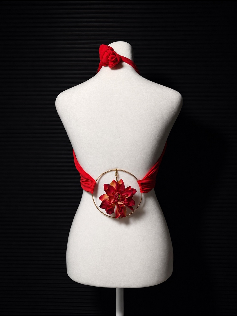 Handmade Red Floral Halter Top with Gold Hoop Accent